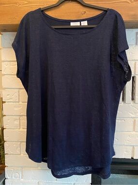 Sigrid Olsen 100% Linen Navy Blue Short Sleeve Knit Top XL Relaxed Fit